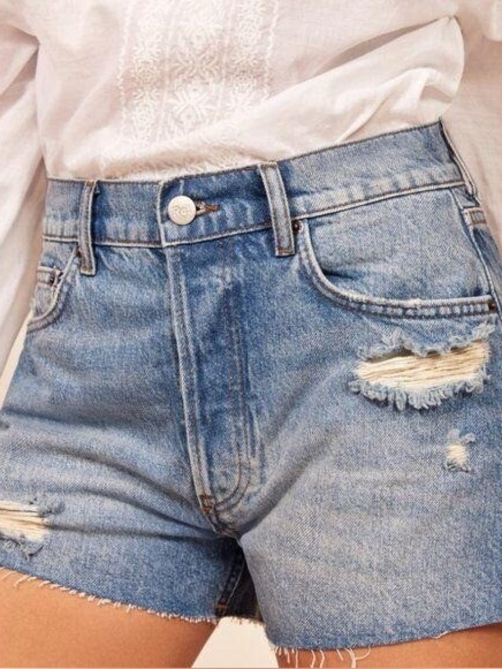 Reformation Jeans “The Dixie High Rise” Medium Wash Distressed Button Fly Shorts